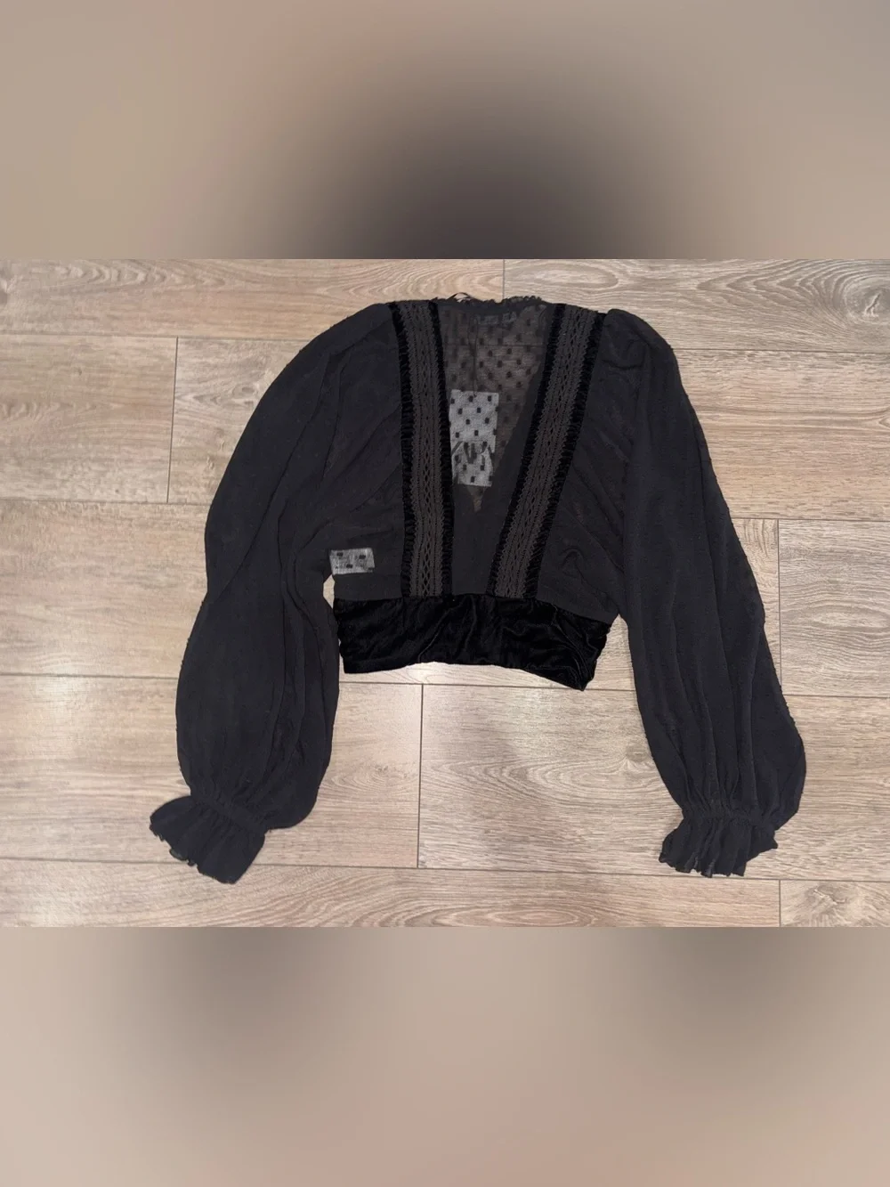 NWT Zara Black Mesh Velvet Trim Cropped Blouse XS